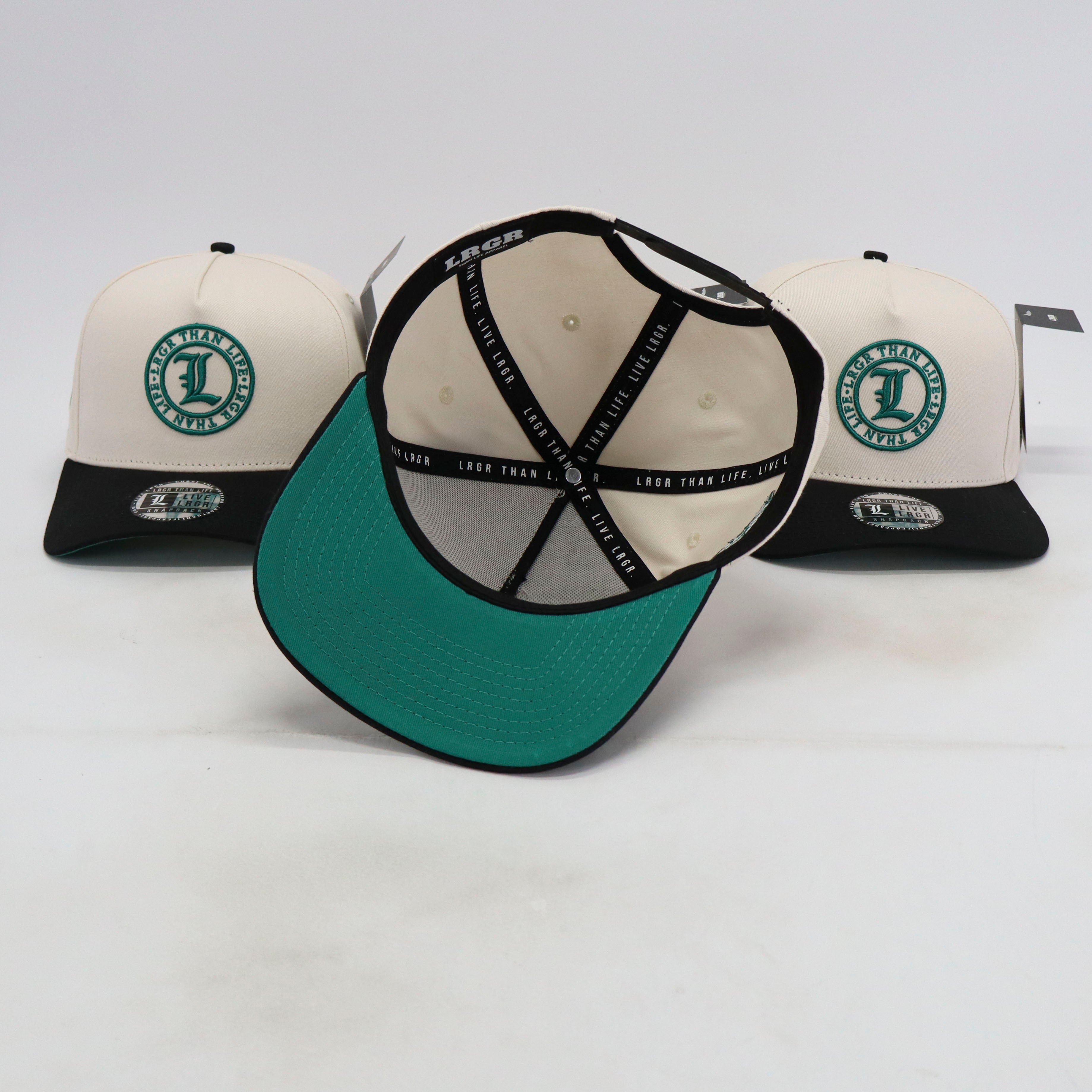 Three baseball caps with a logo on a white background