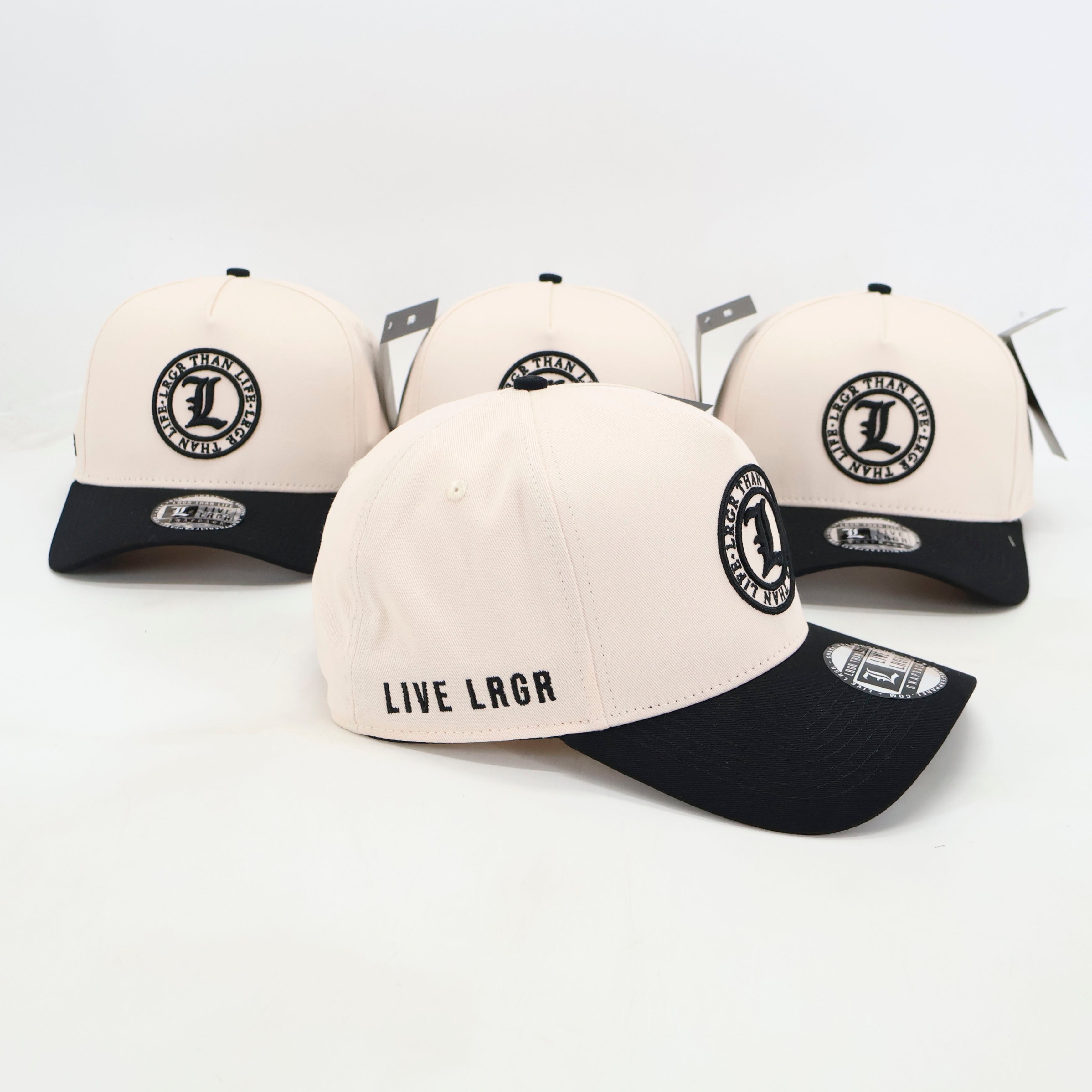 Three baseball caps with 'LIVE LRGR' branding on a white background