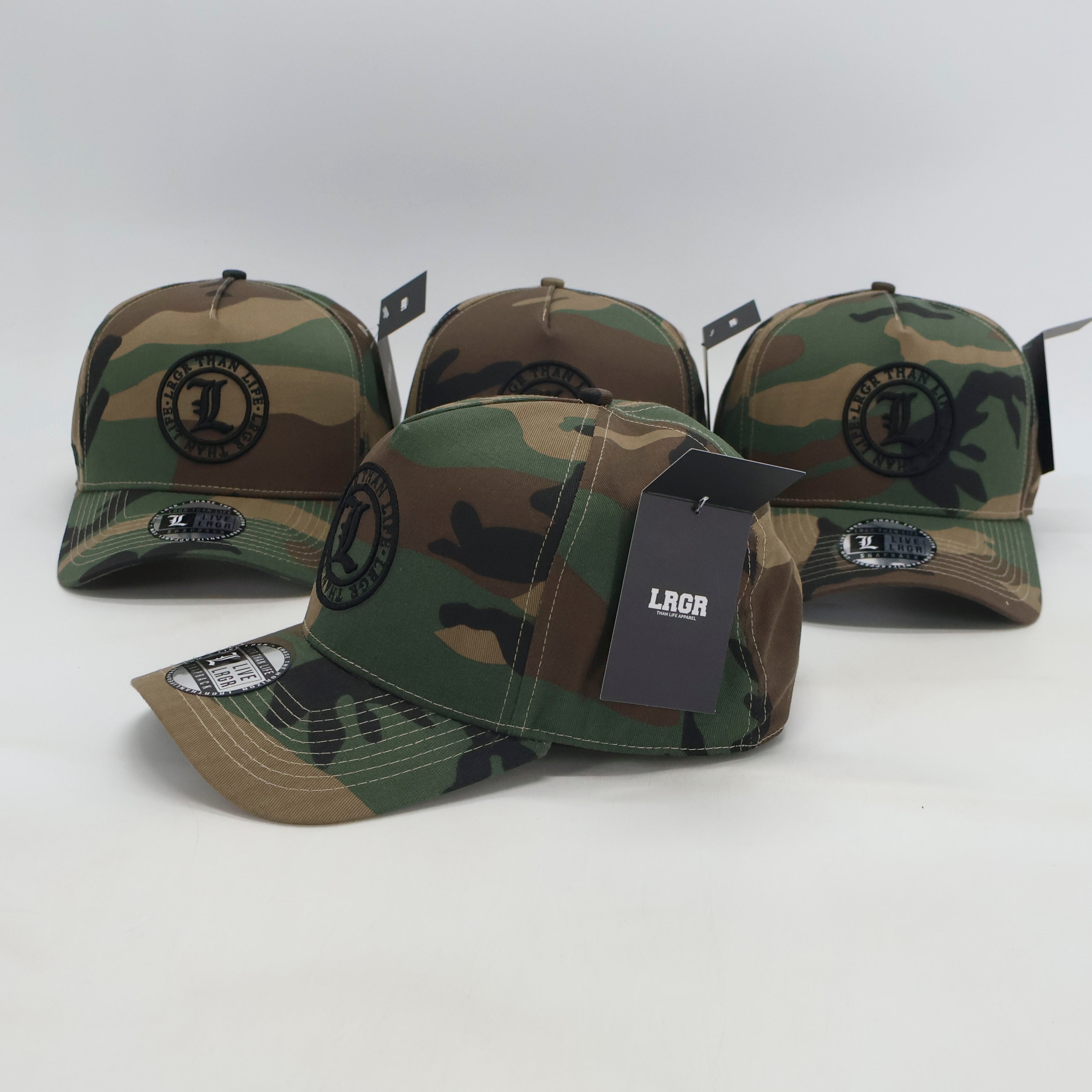 Camouflage baseball caps with visible branding on a white background