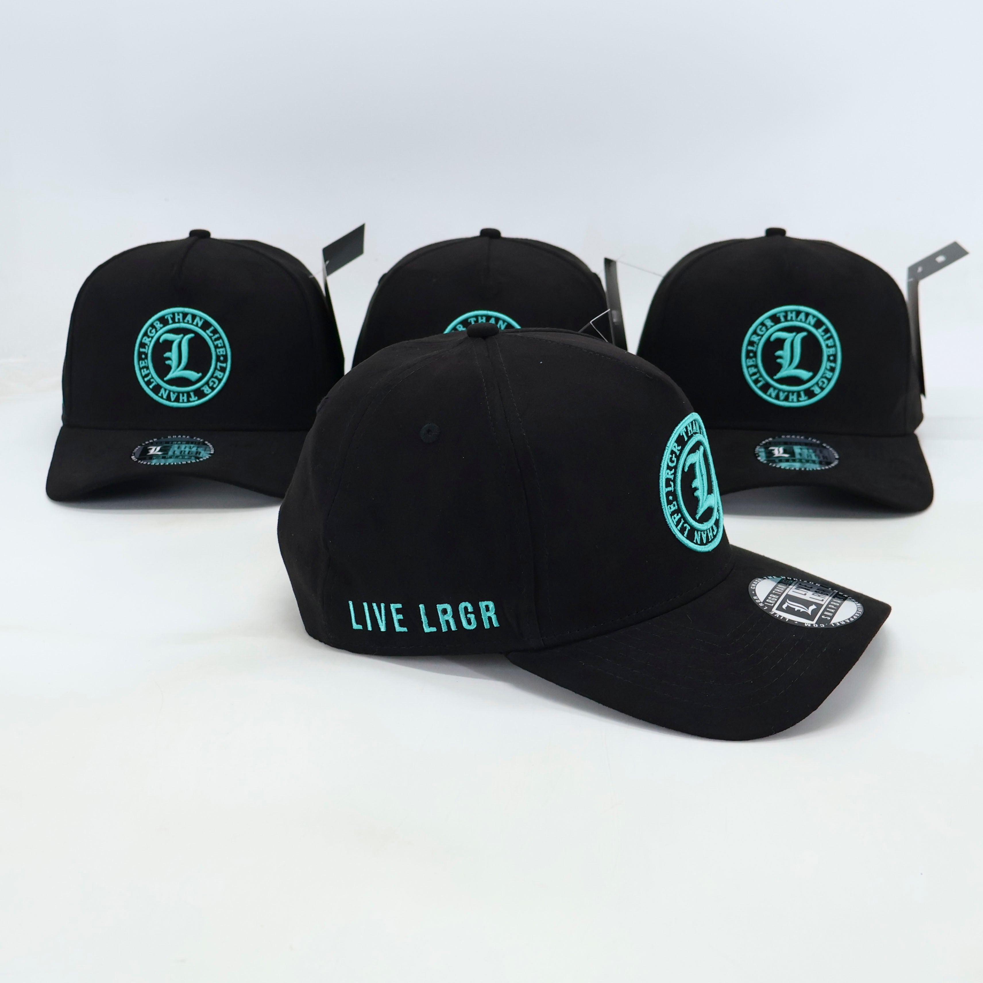 Black baseball caps with 'LIVE LRG' text and logo on a white background