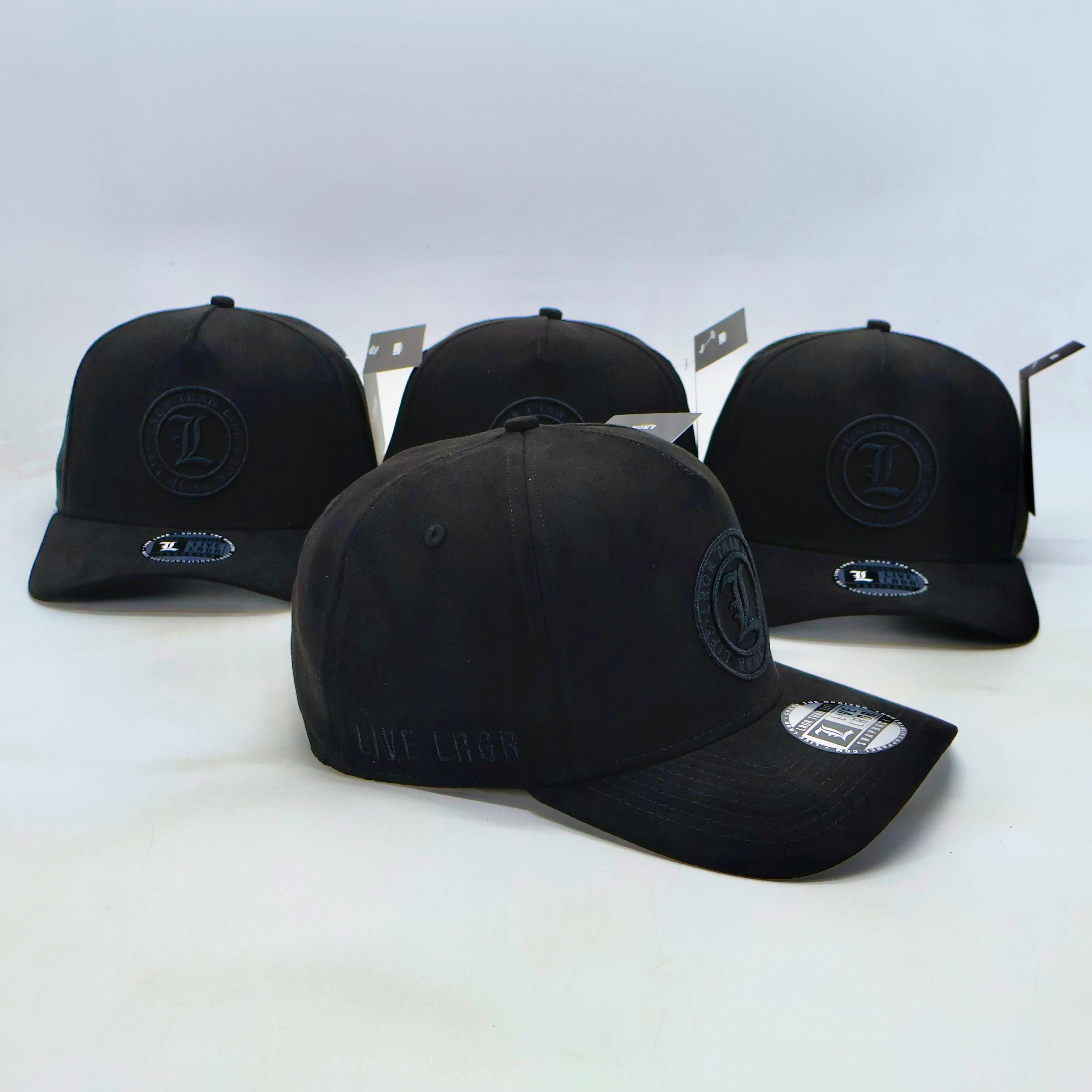 Three black baseball caps with a logo on a white background