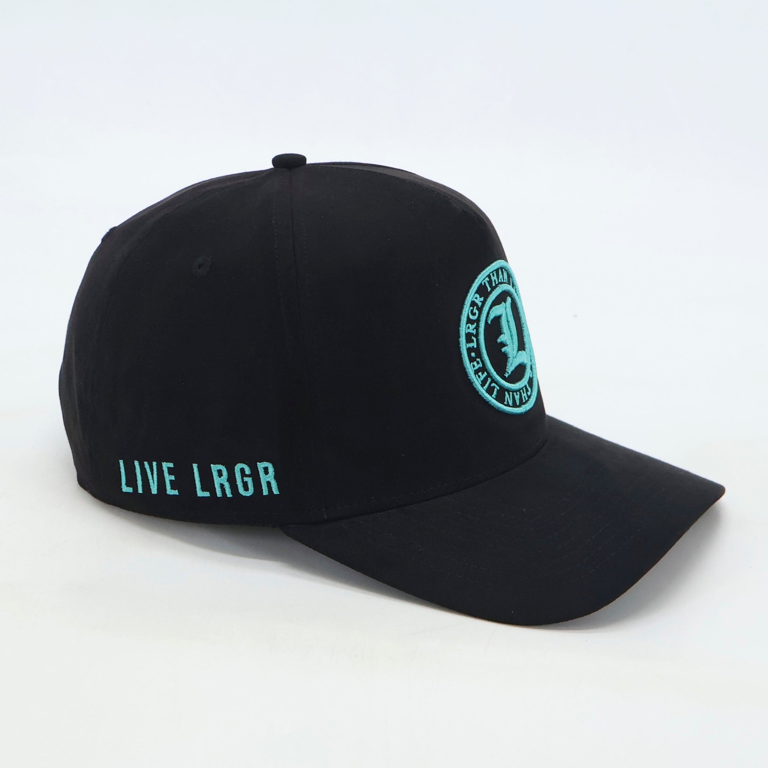 Black cap with green logo and text on a white background