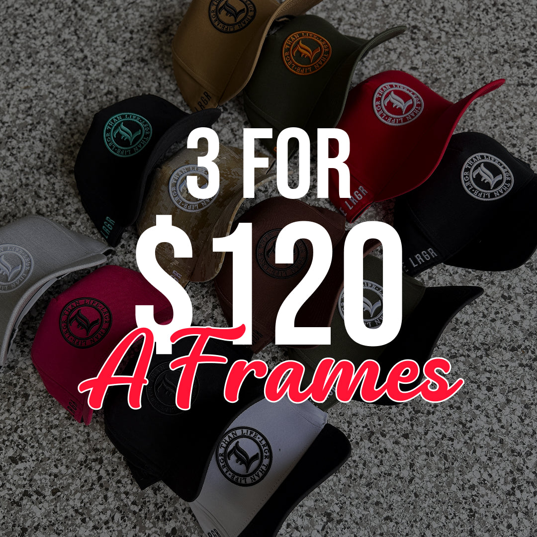 Bundle of A frames hats on a textured surface with promotional text overlay.