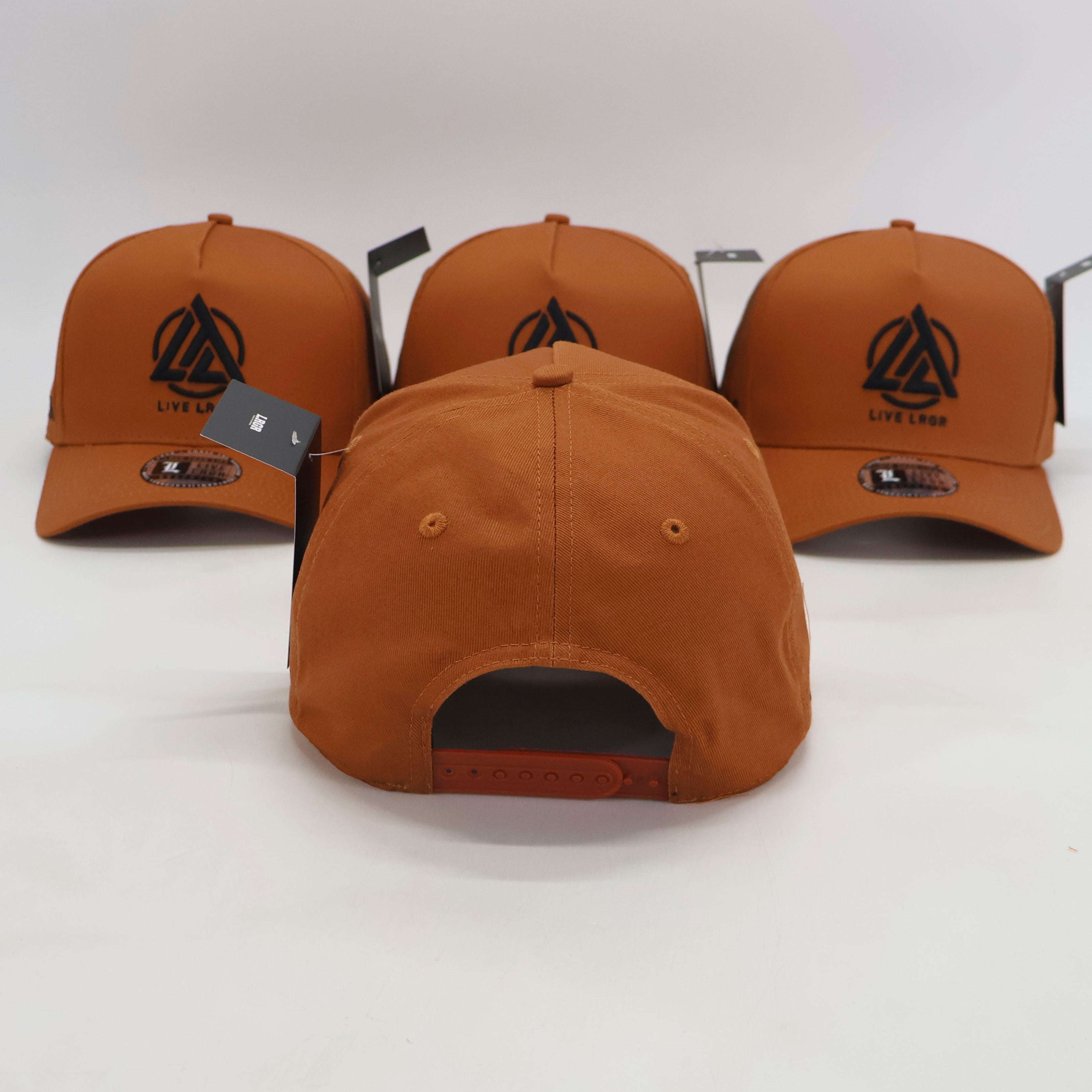 Brown caps with a logo on a white background