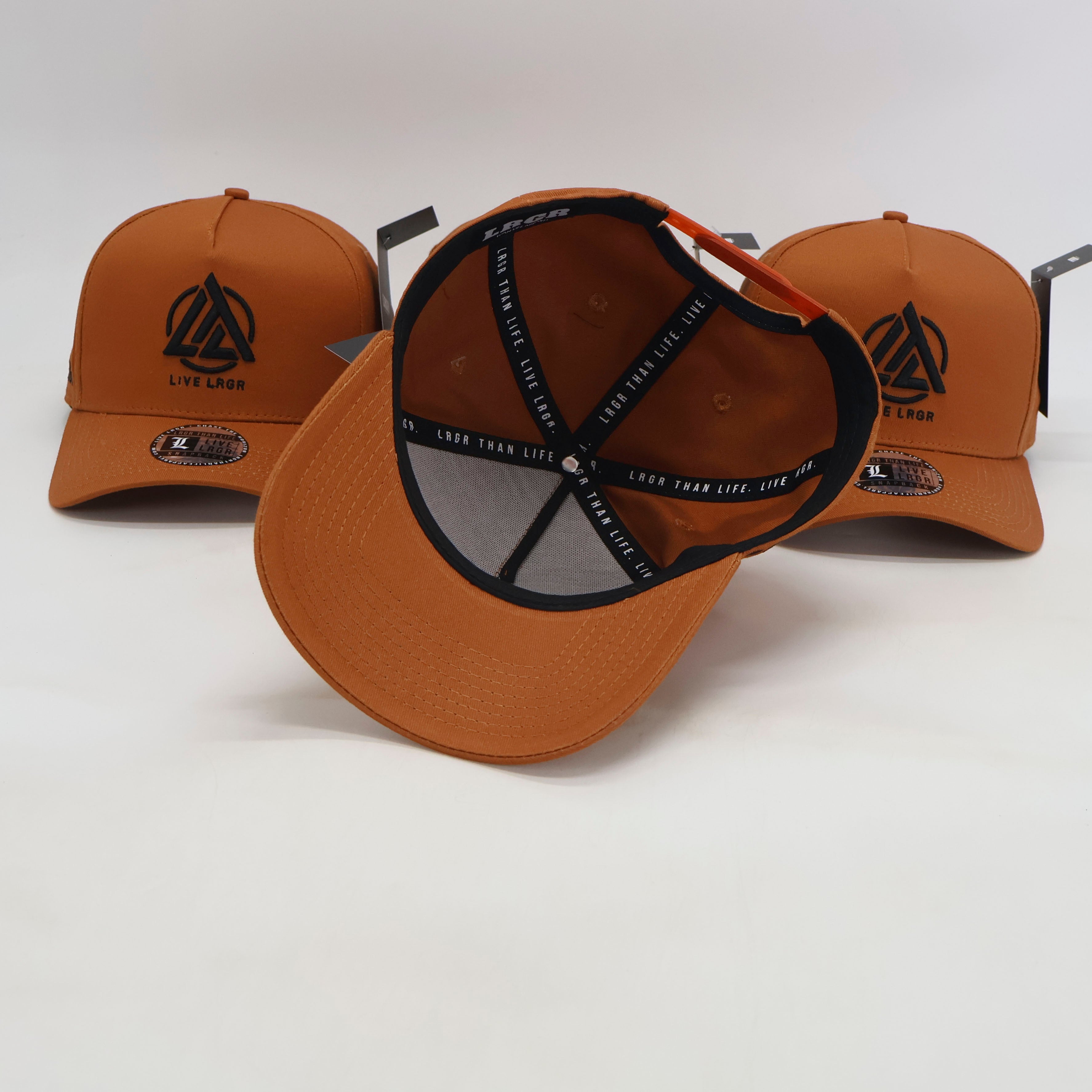 Three brown caps with black logos on a white background