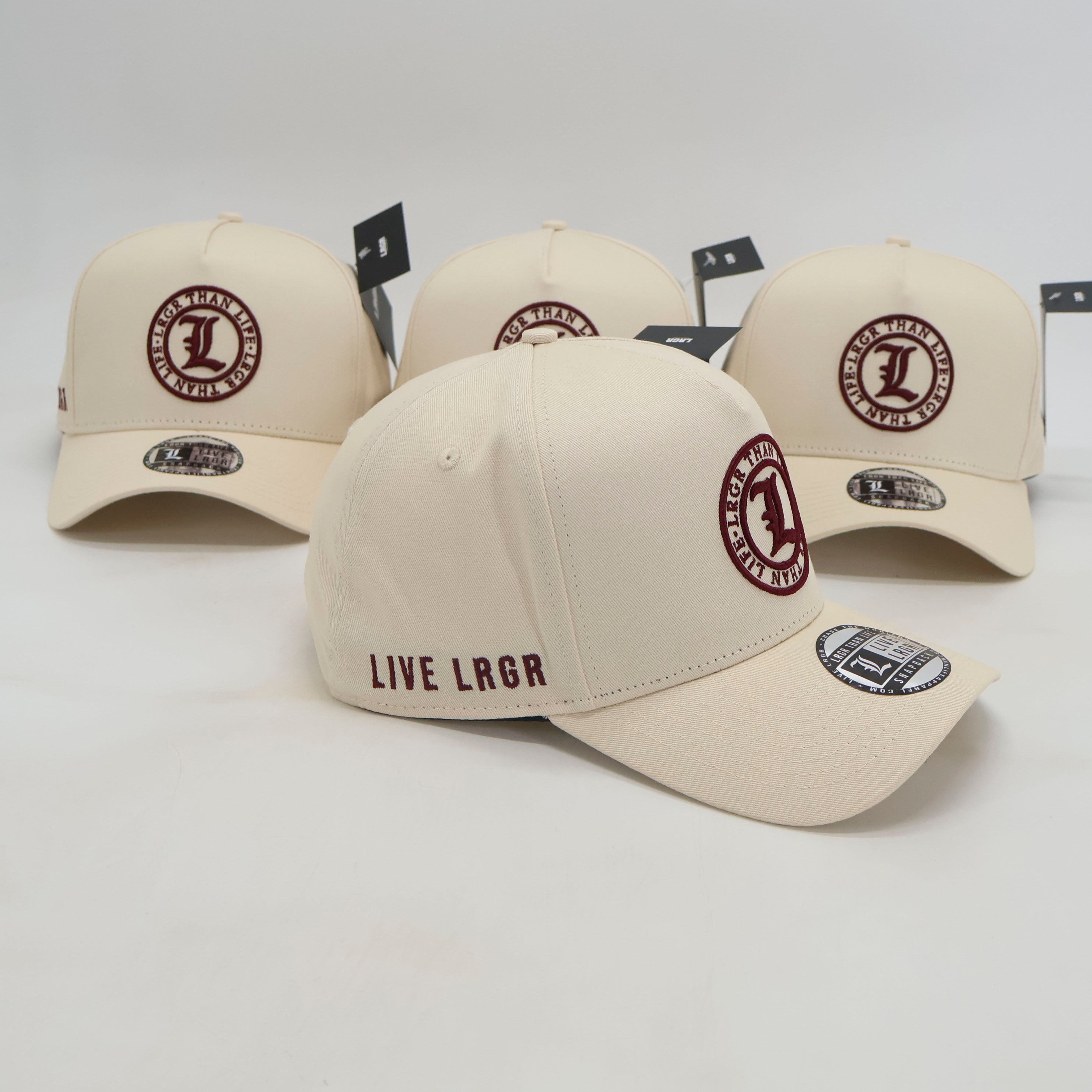 Beige baseball caps with logo and text on a white background