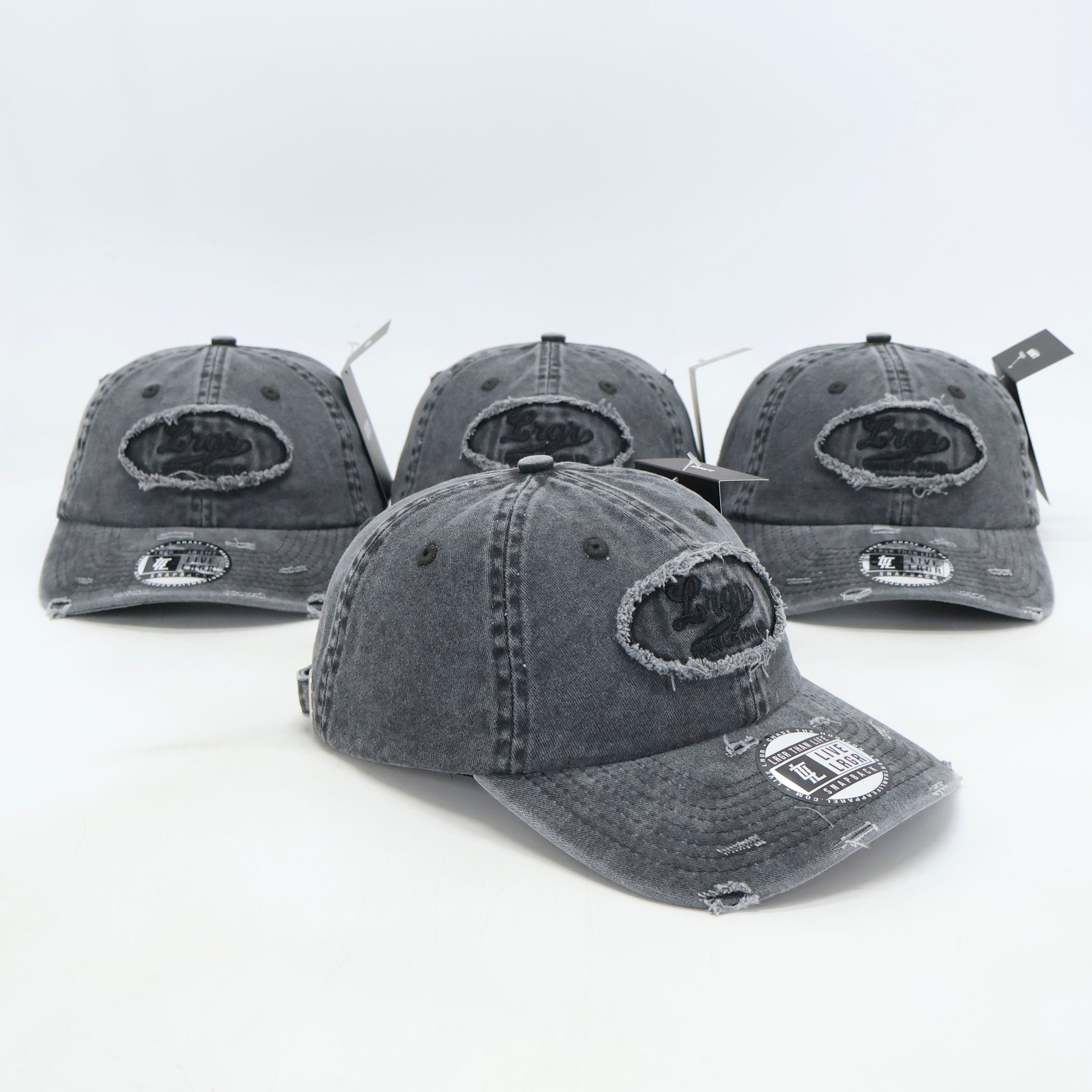 A set of grey dad hats with a 3D embroidery patch on the front displayed against a white background.