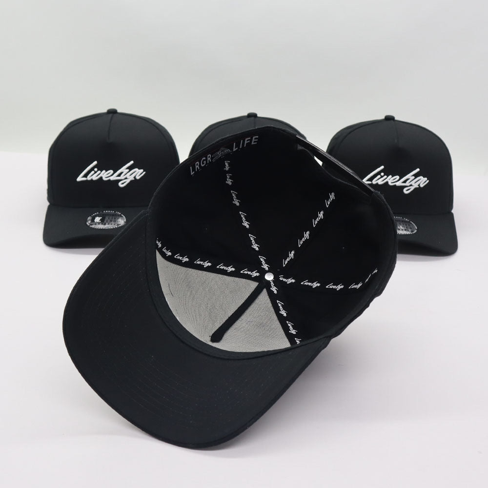 A set of black A-frame hats with 'LIVE LRGR' embroidered on the side.