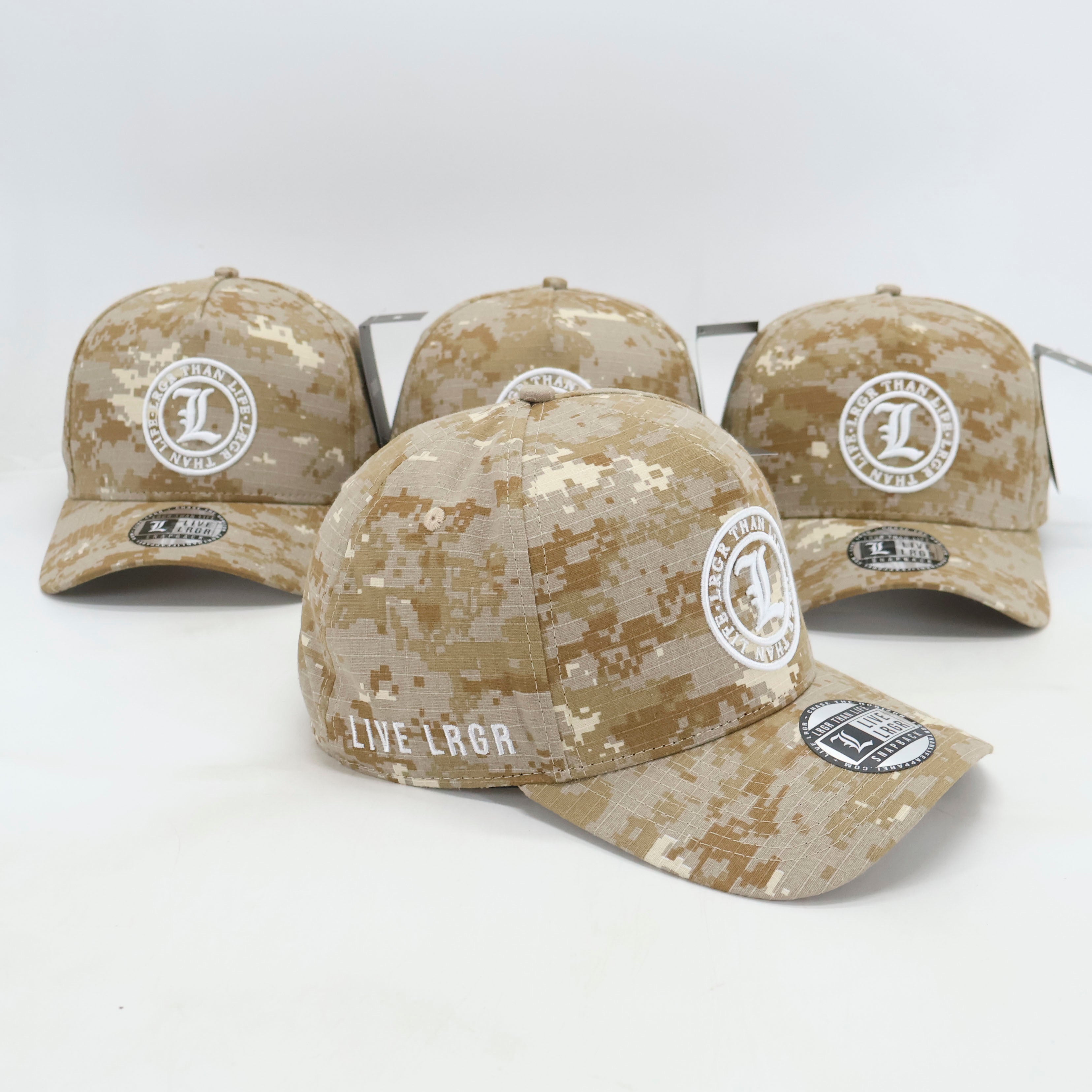 Four camouflage baseball caps with branding on a white background