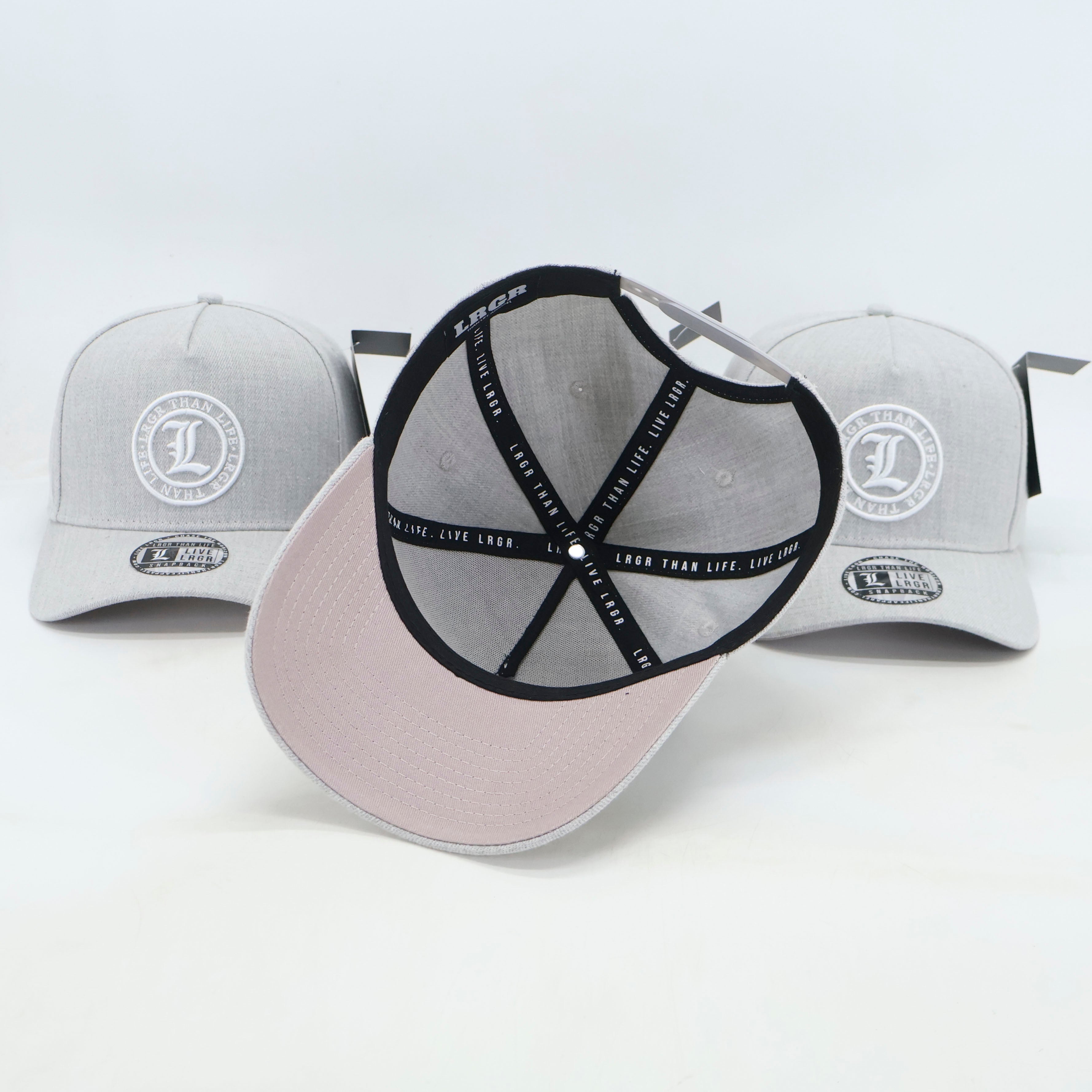 Three baseball caps with a brand logo on a white background