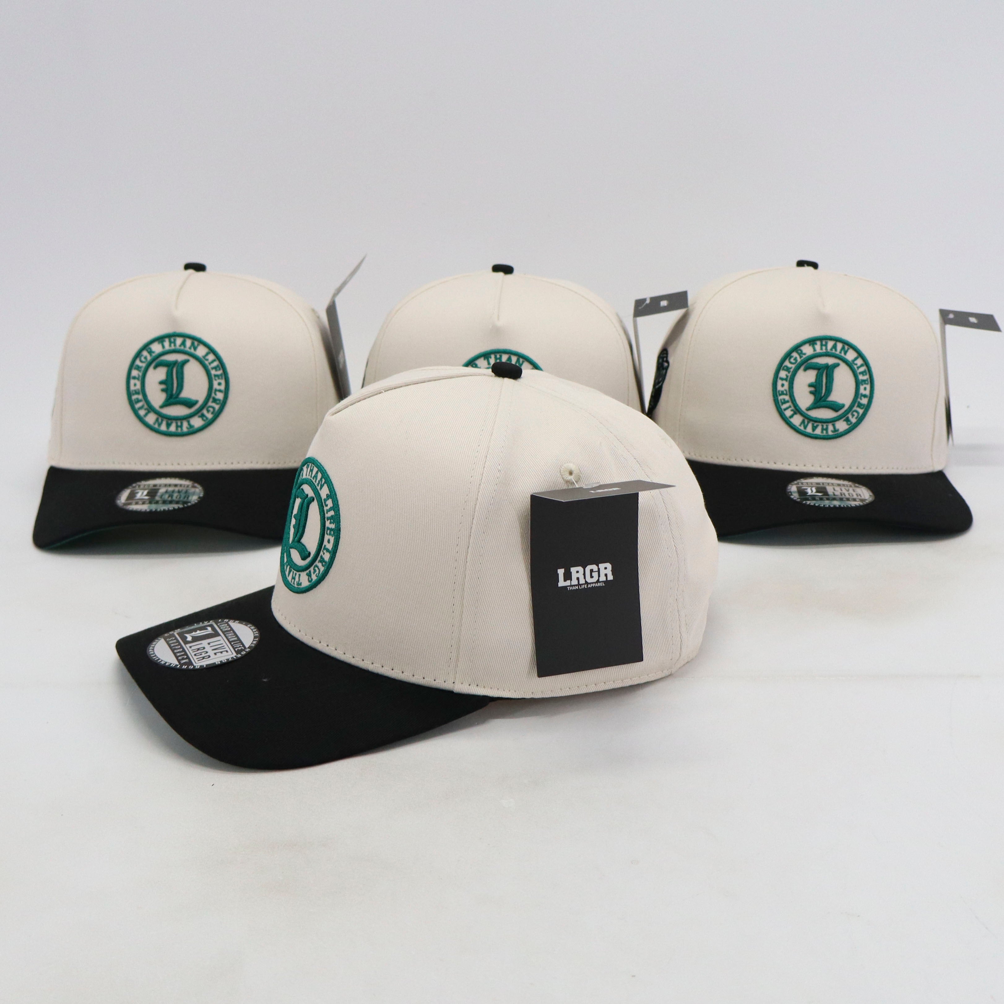 Four baseball caps with a logo on a white background