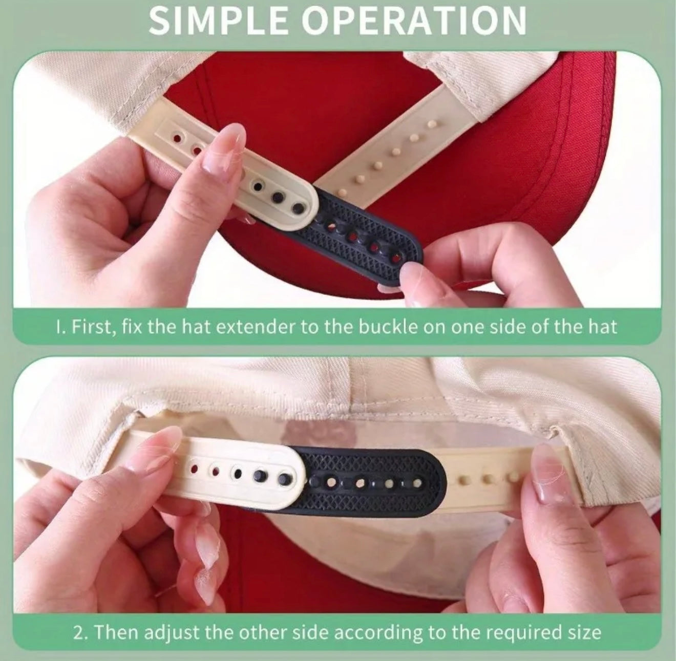 Instructions on how to use a hat extender with a red cap.