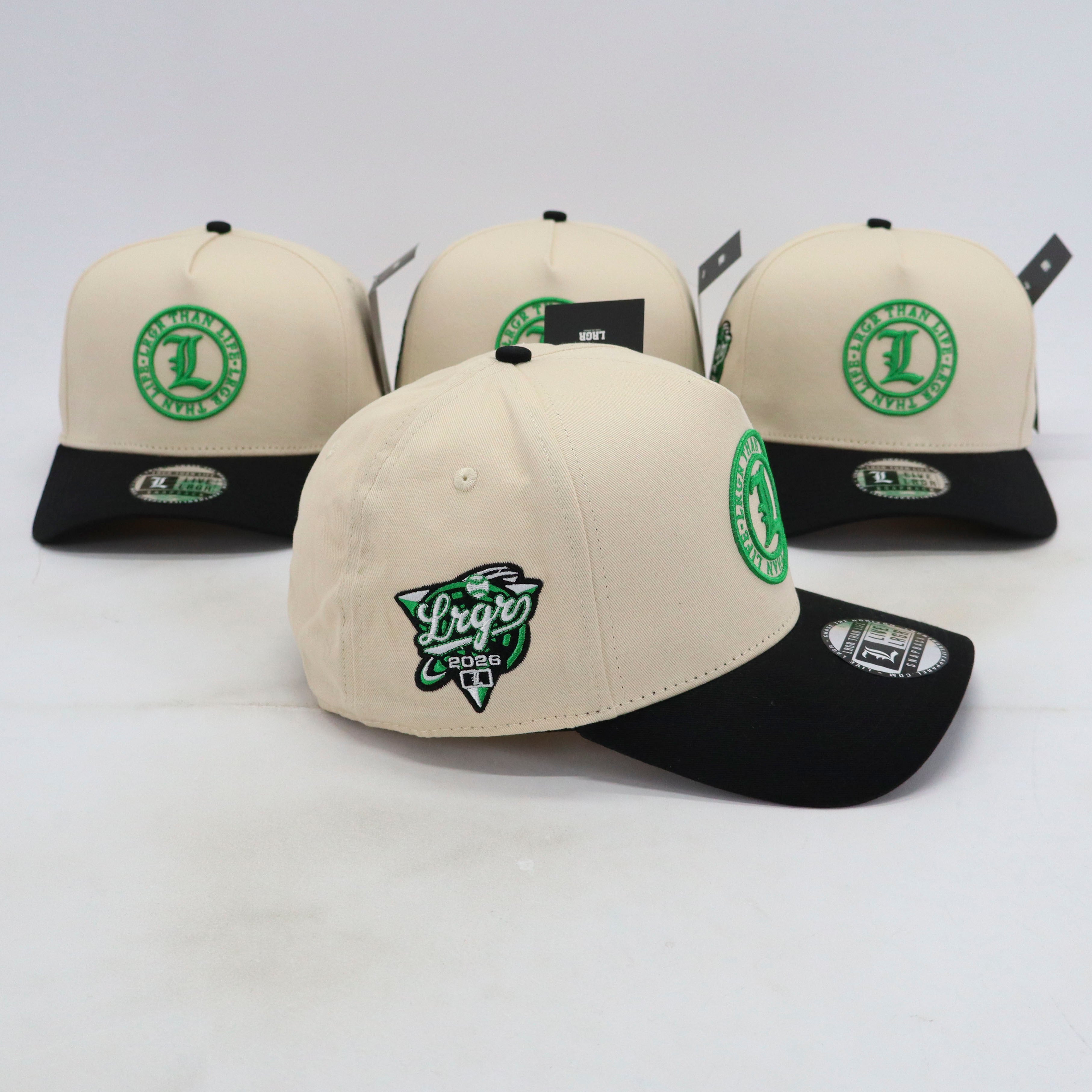 Four caps with a logo on a white background