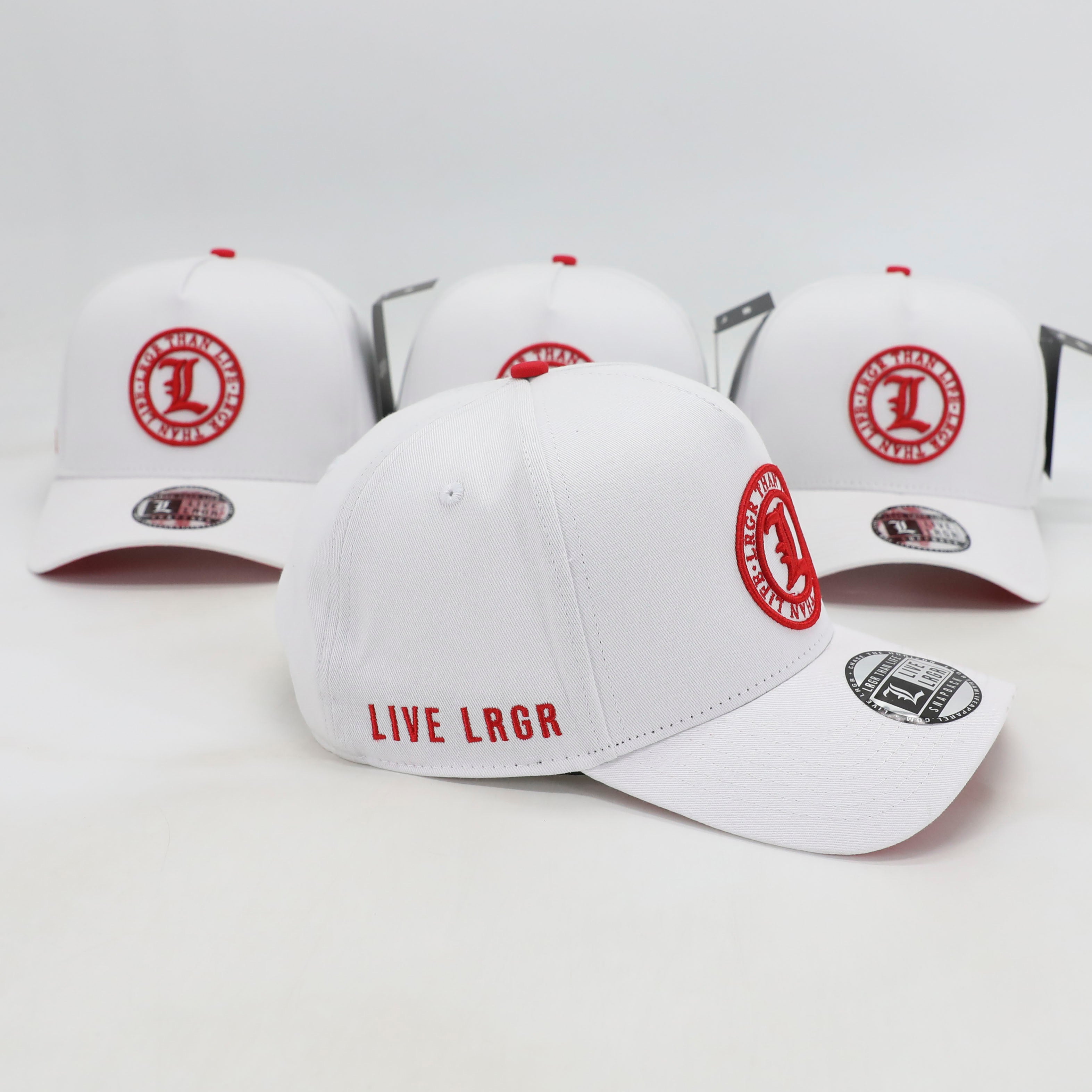 White baseball caps with red and black logos on a white background