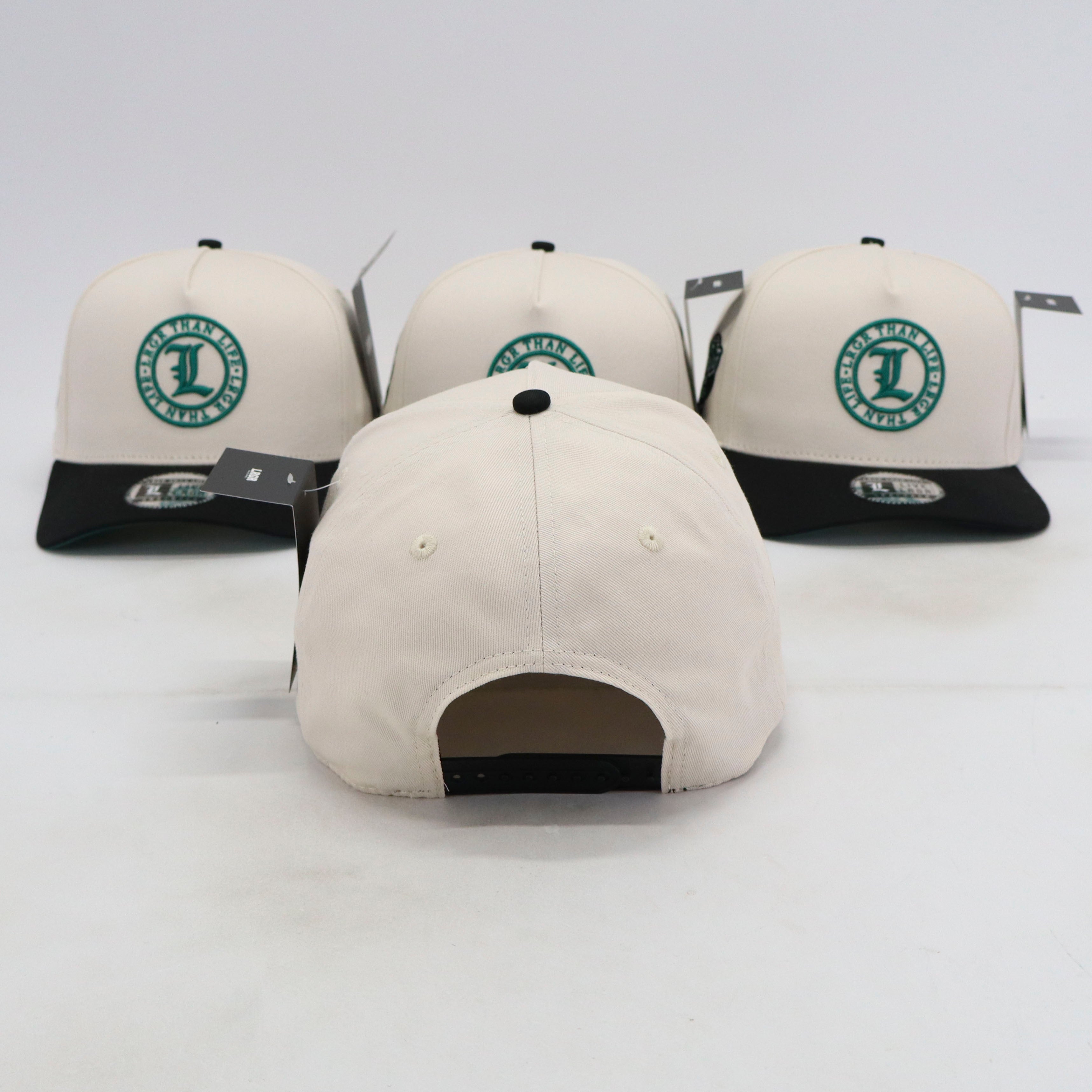 White baseball caps with black visors and green logos on a white background
