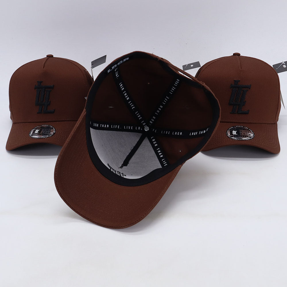 Brown baseball caps with a logo on a white background