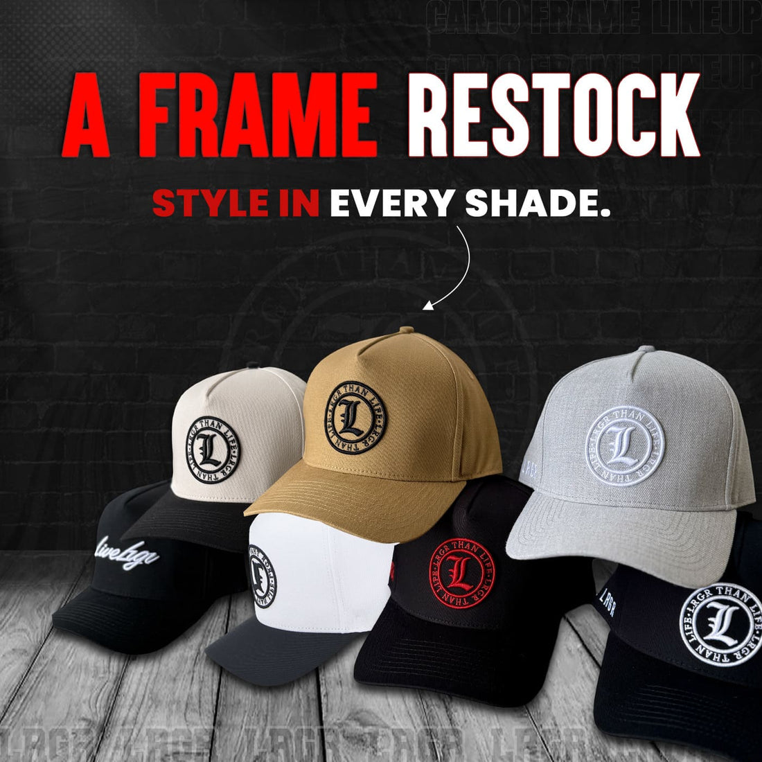 Collection of baseball caps with a brand logo on a dark background with text about restocking.