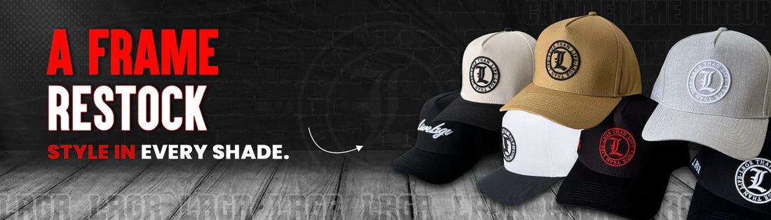 Collection of baseball caps with brand logos on a wooden surface and dark background.