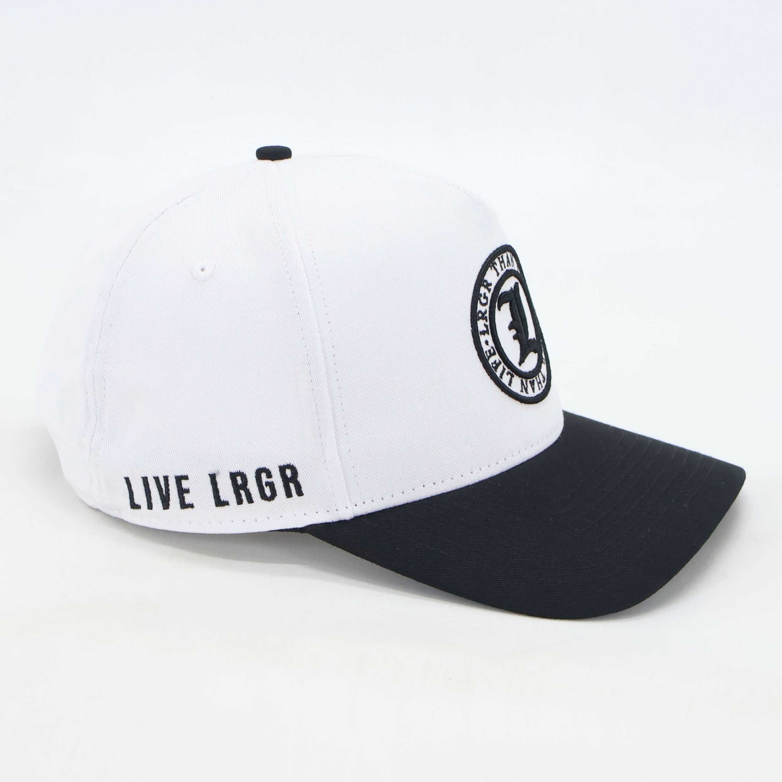 White and black cap with 'LIVE LRGR' text and logo on a white background