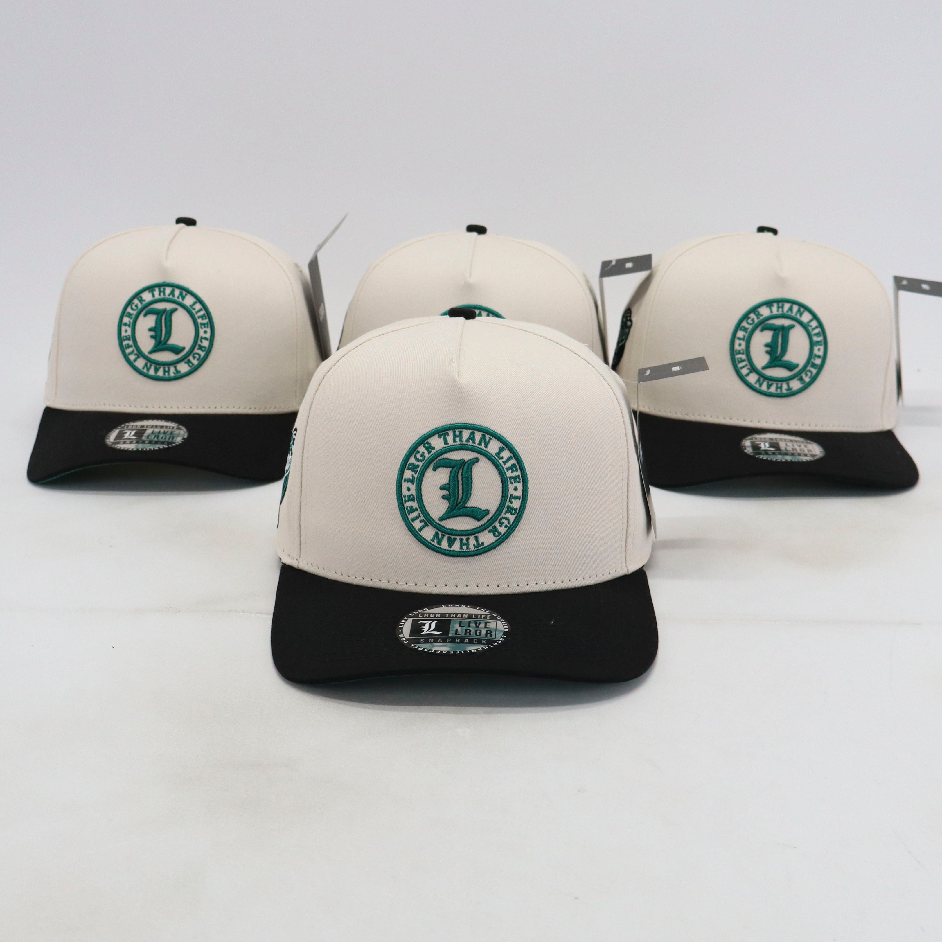 Four baseball caps with a logo on a white background