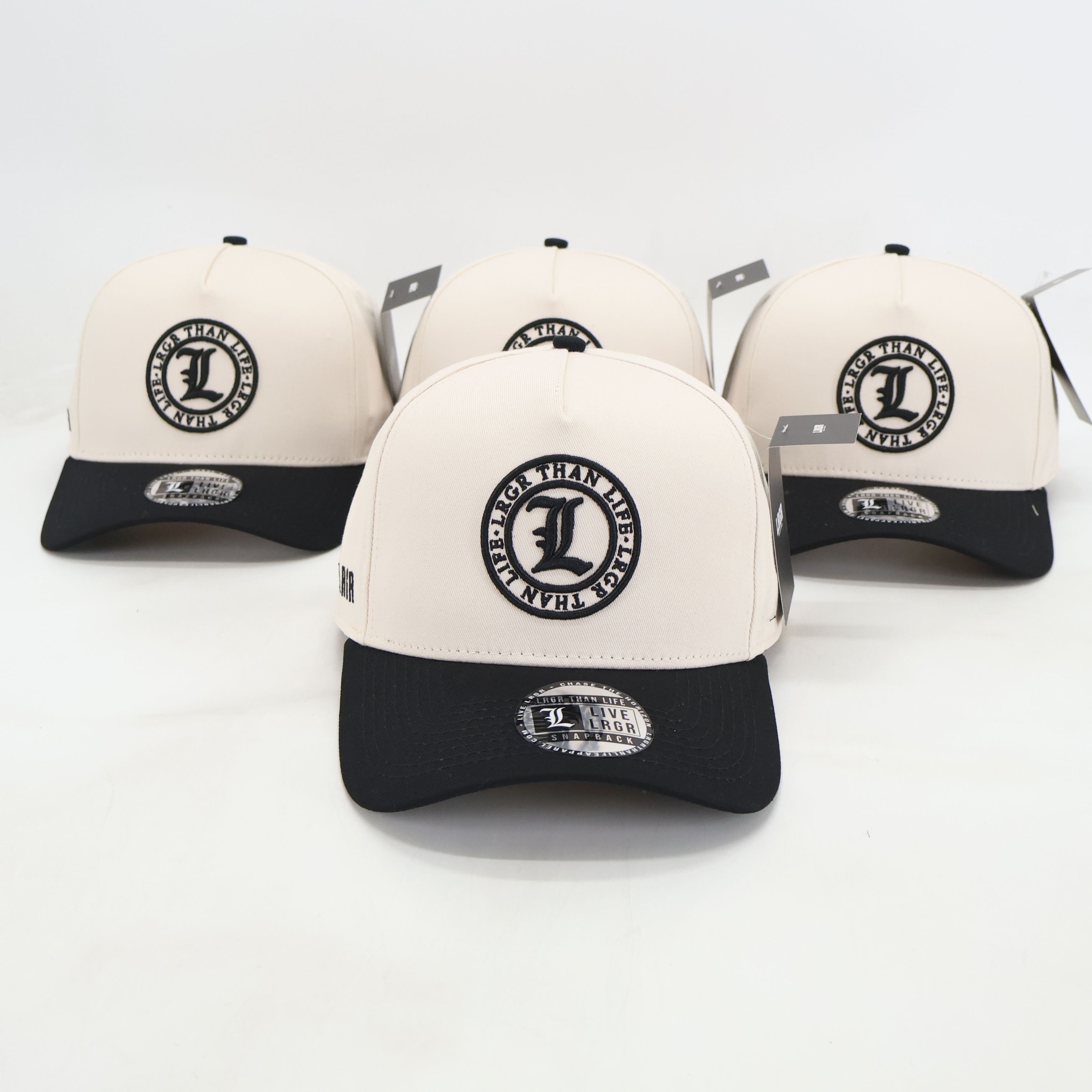 Three baseball caps with a logo on a white background