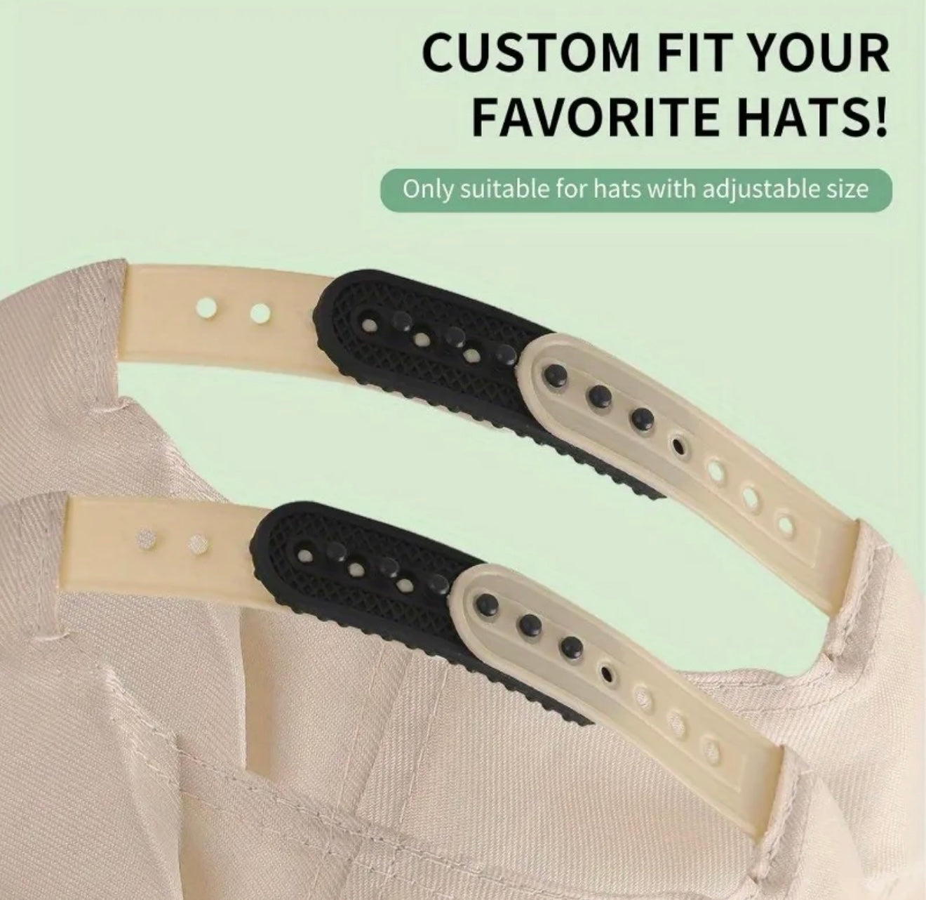 Two adjustable hat bands, one beige and one black, on a light green background with text about customizing hat sizes.