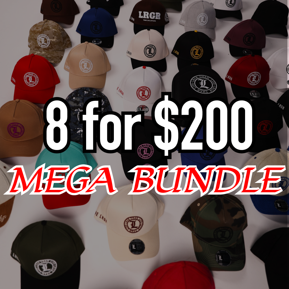 Collection of caps with a promotional text overlay '8 for $200 MEGA BUNDLE' on a white background.