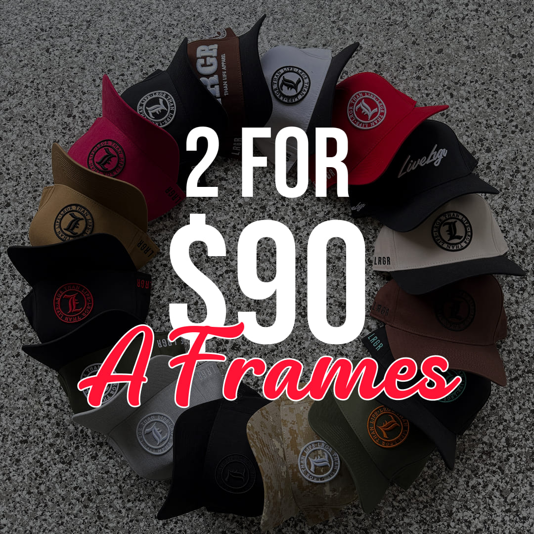 Collection of caps with brand logos on a dark background, promotional text overlay.