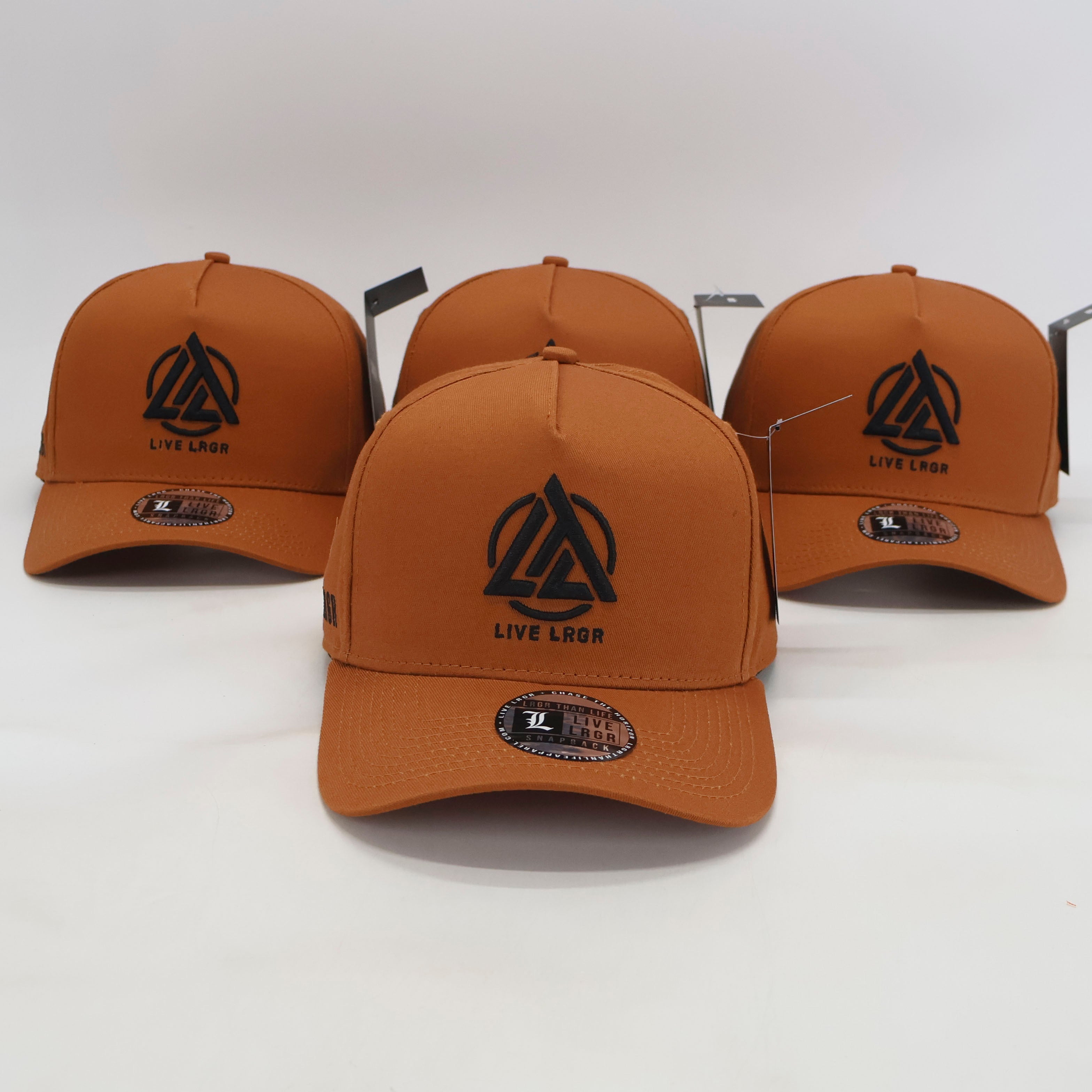 Three brown caps with a logo and text on a white background