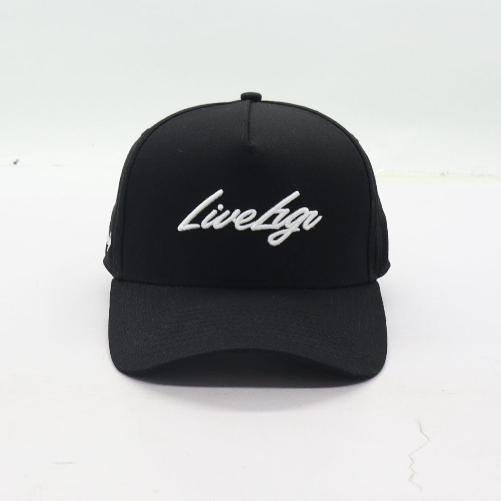 A set of black A-frame hats with 'LIVE LRGR' embroidered on the side.