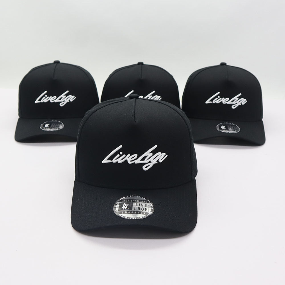 A set of black A-frame hats with 'LIVE LRGR' embroidered on the side.