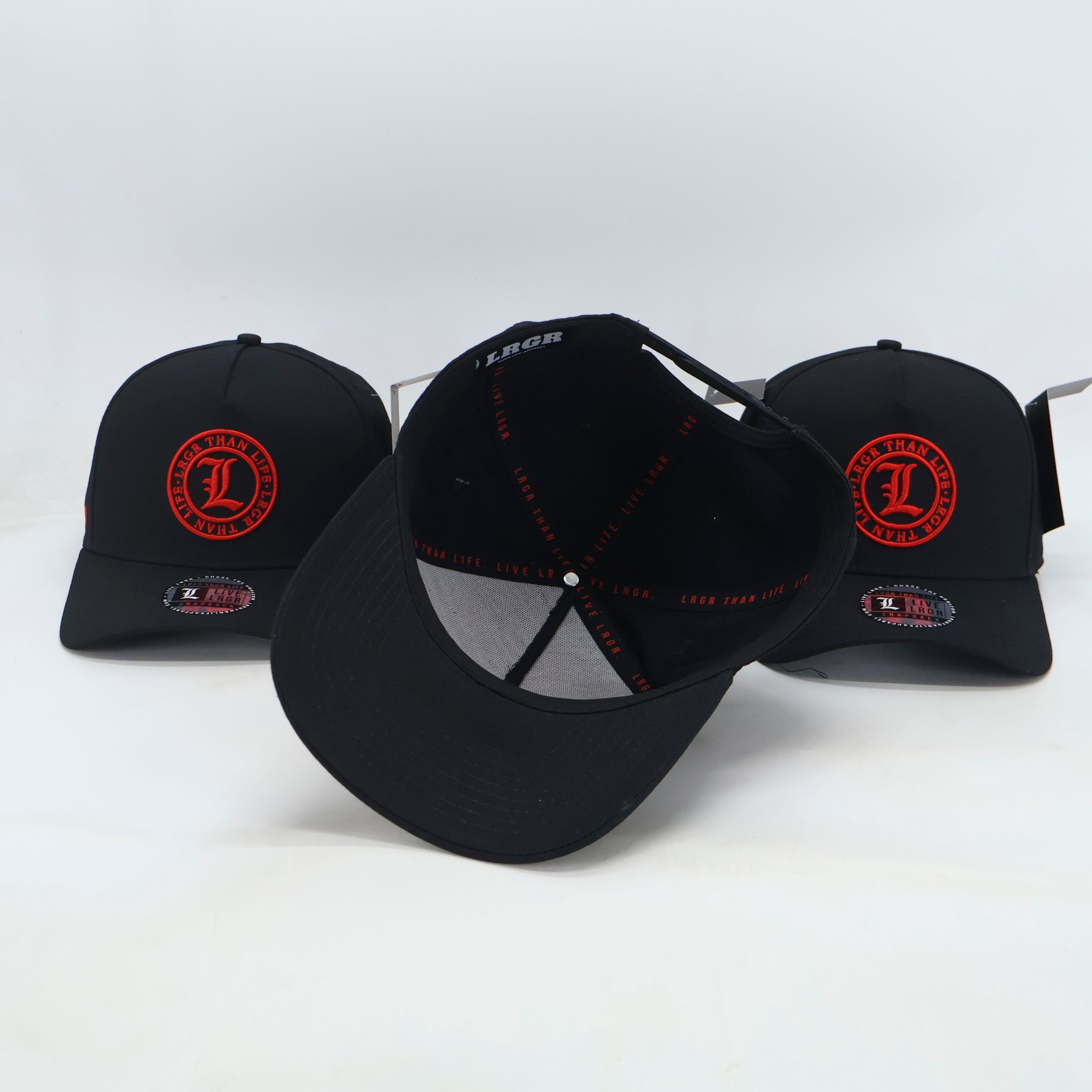 Three black caps with red logos on a white background
