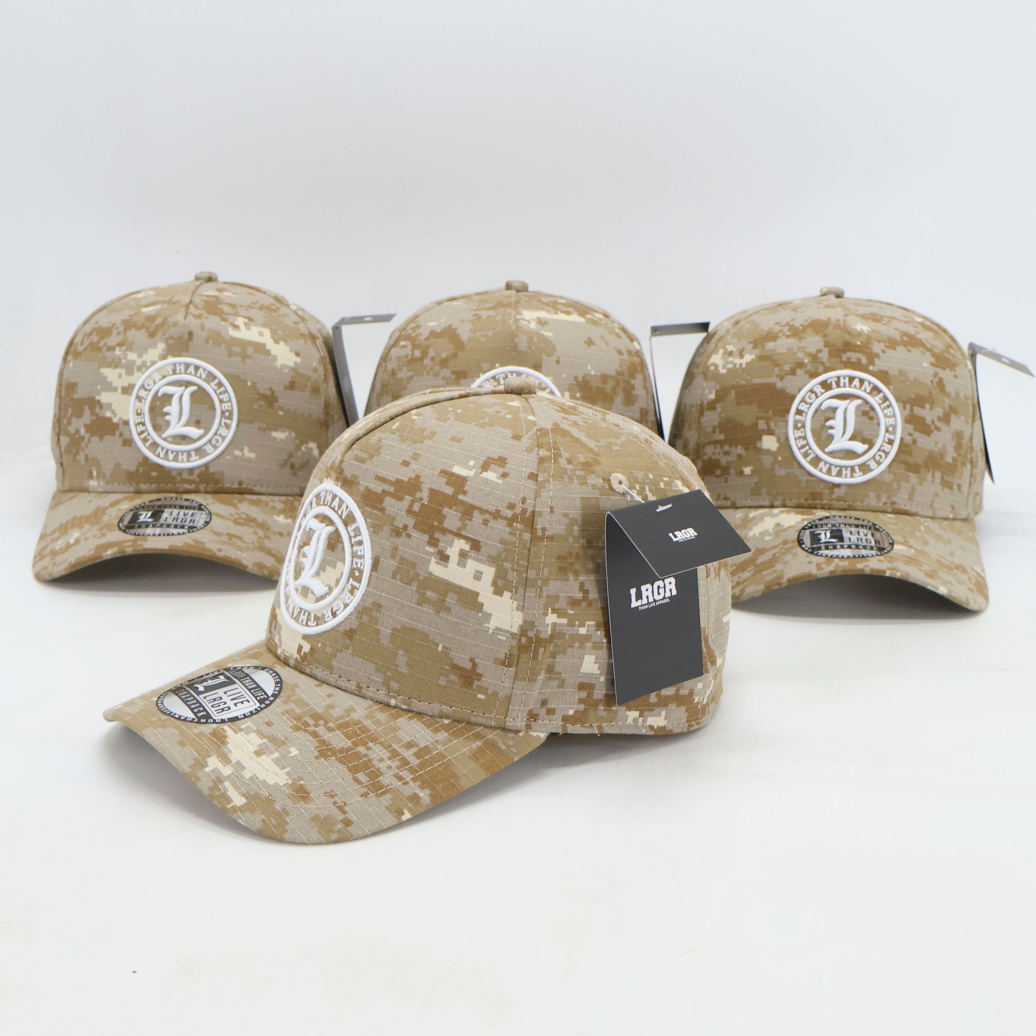 Four camouflage baseball caps with a brand logo on a white background