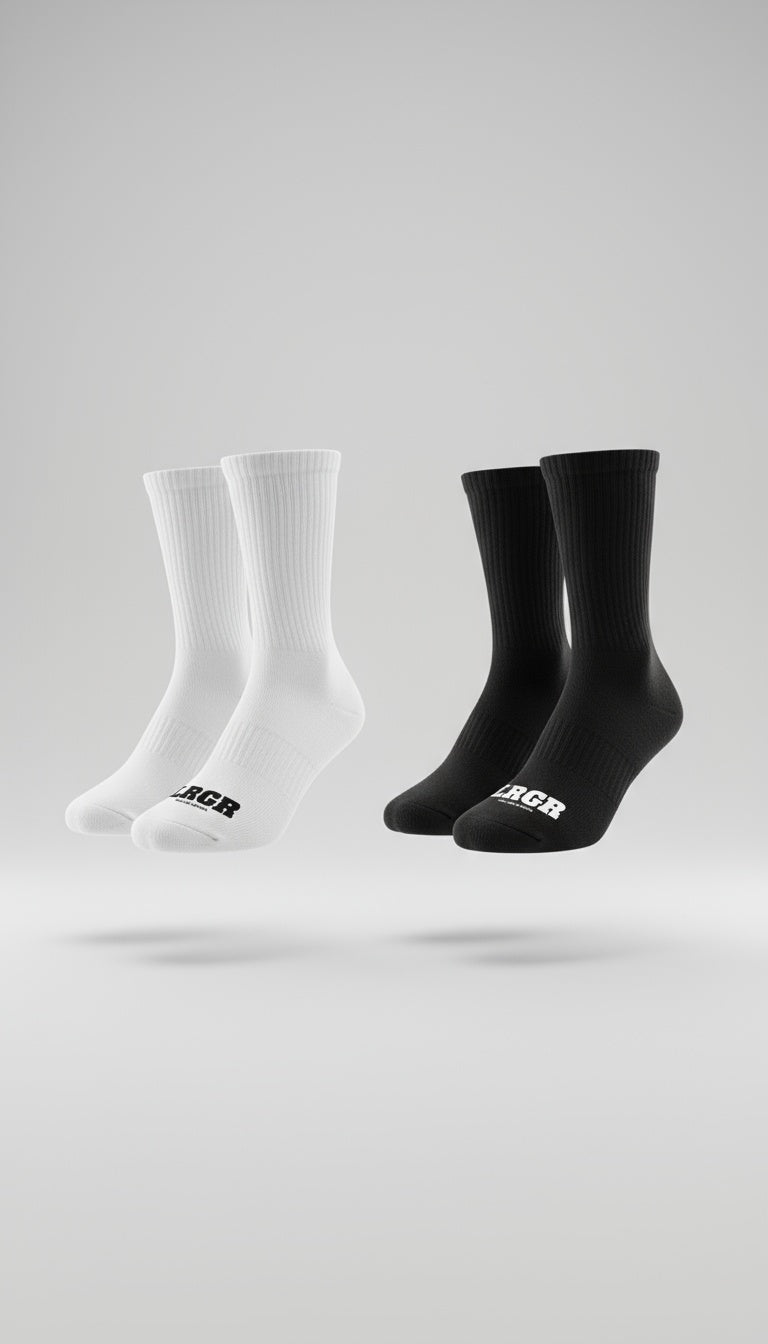Two pairs of socks, one white and one black, with a brand logo on a light gray background.