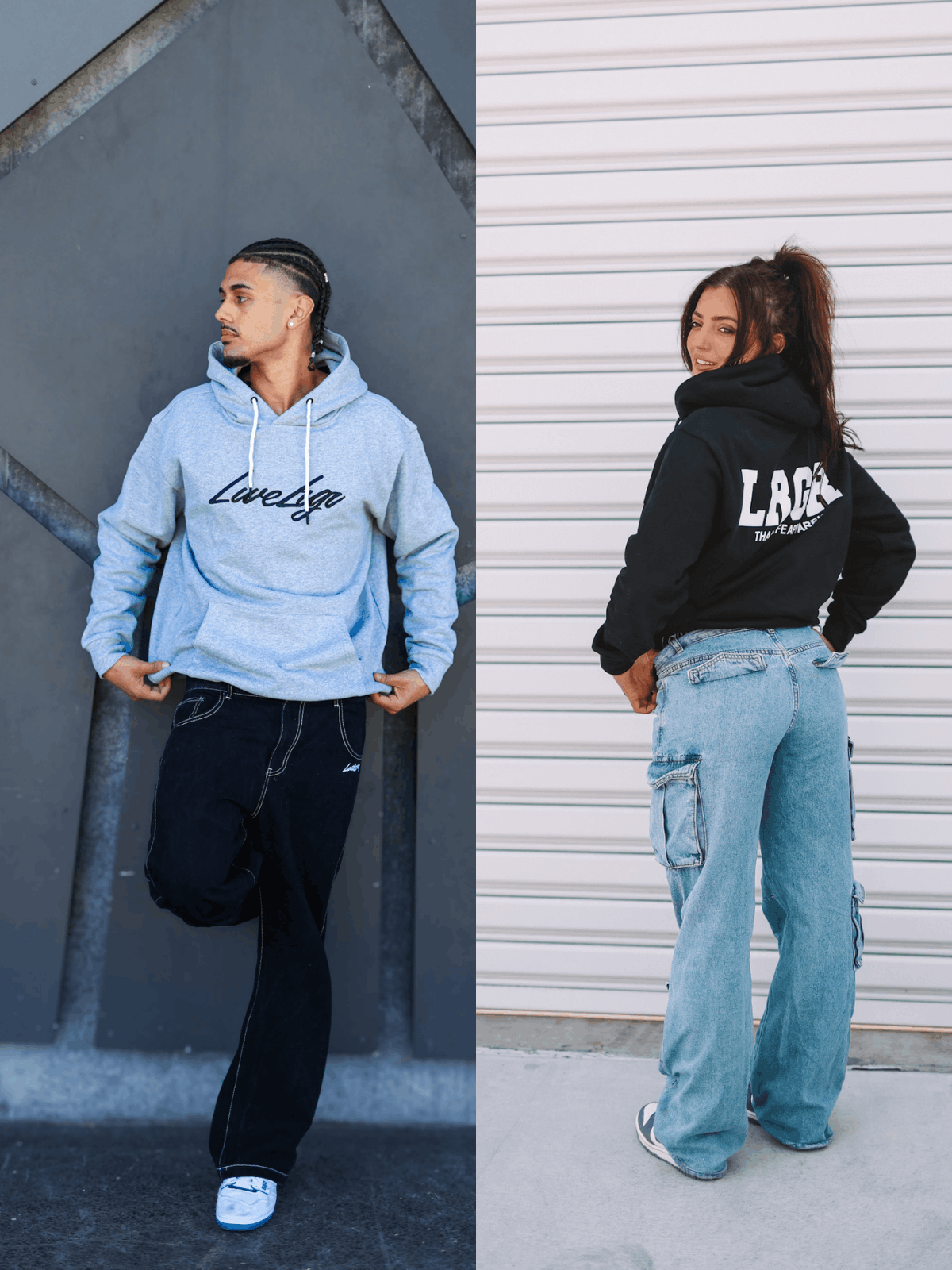 Two people wearing branded hoodies and pants against different backgrounds.