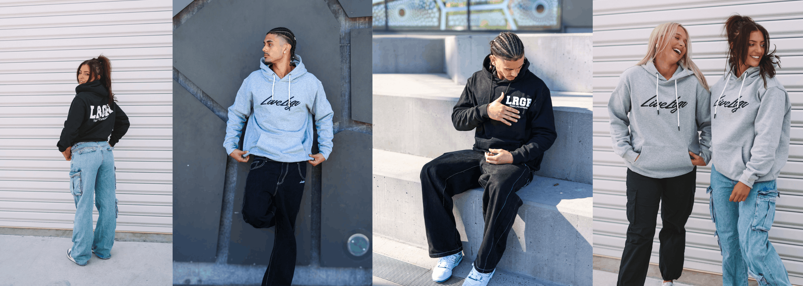 Five people wearing branded hoodies and pants in various settings.