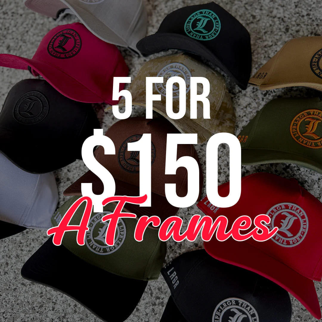 Collection of baseball caps with brand logos on a textured surface, promotional text overlay.